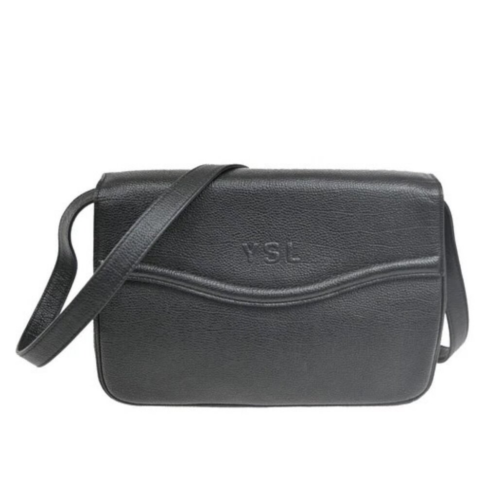YVES SAINT LAURENT Logo YSL Flap Shoulder Crossbody Bag Leather Black 37MA149